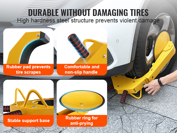 VEVOR wheel lock with rubber pad, non-slip handle, stable base, and anti-prying rubber ring.