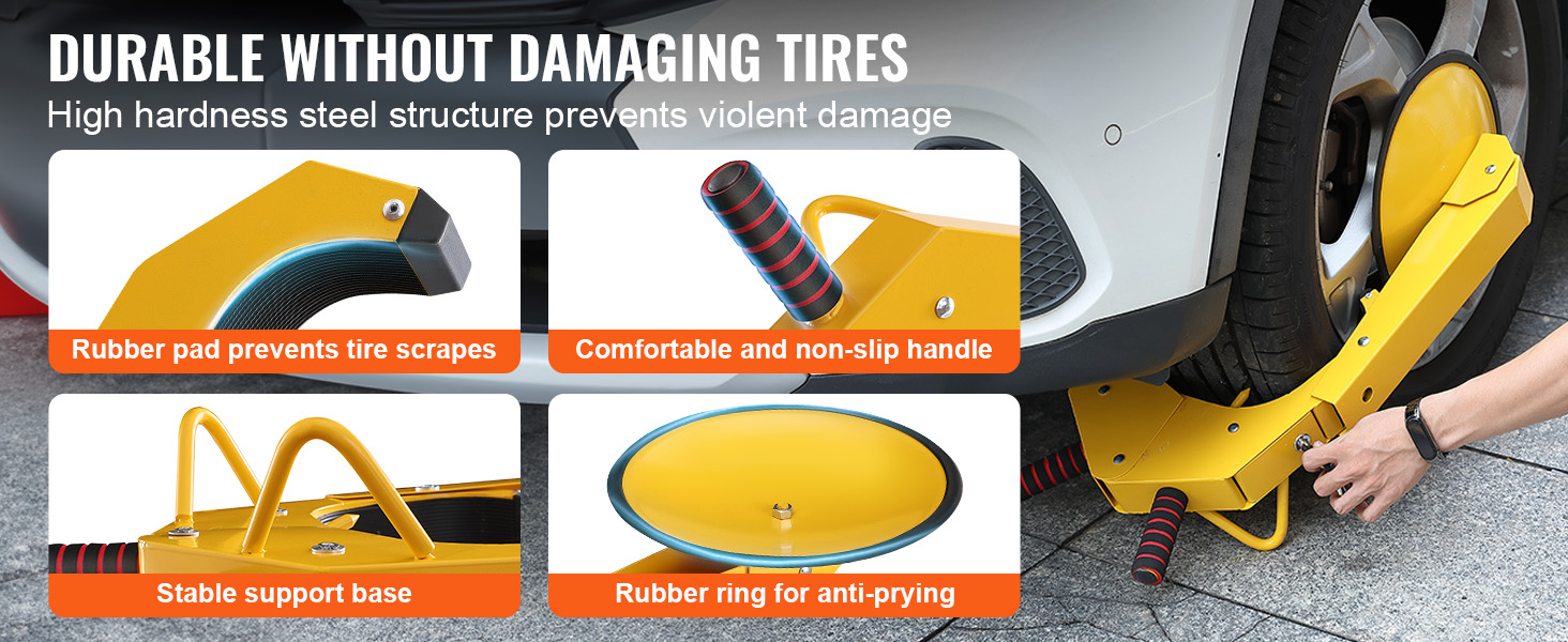 VEVOR wheel lock with rubber pad, non-slip handle, stable base, and anti-prying rubber ring.