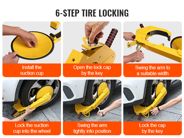 6-step guide to using the VEVOR wheel lock on a car tire.