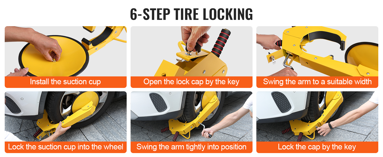 6-step guide to using the VEVOR wheel lock on a car tire.