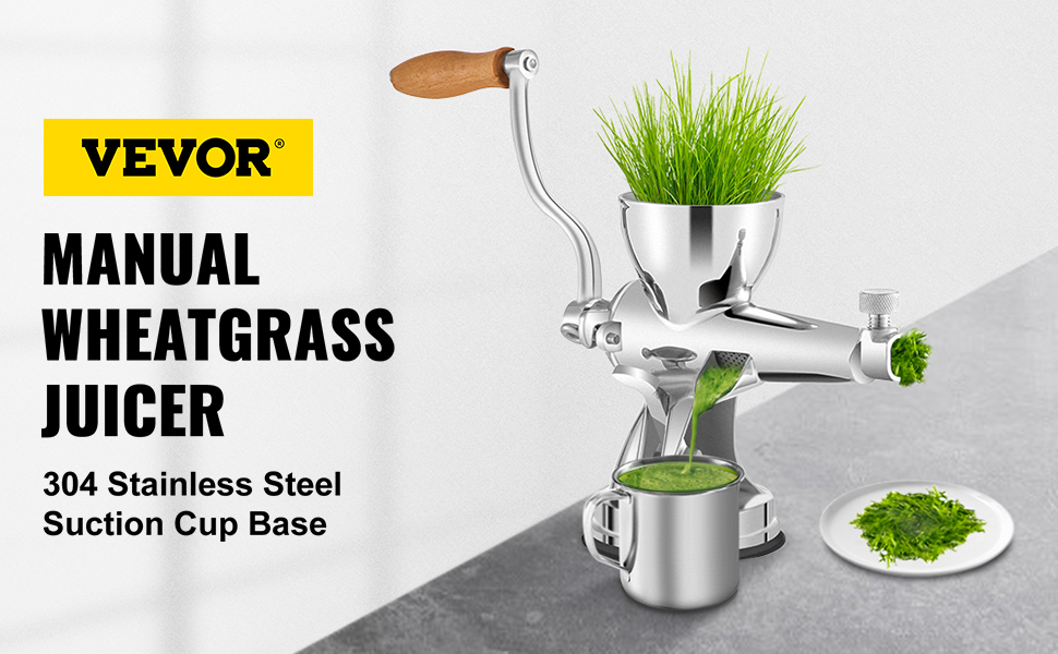 VEVOR wheatgrass juicer with stainless steel body and suction cup base making juice.