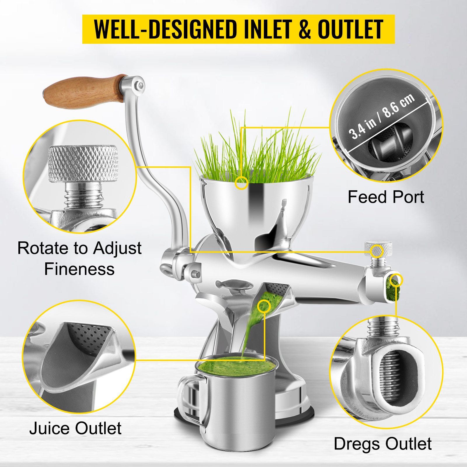 VEVOR wheatgrass juicer with well-designed inlet, outlet, and adjustable fineness.