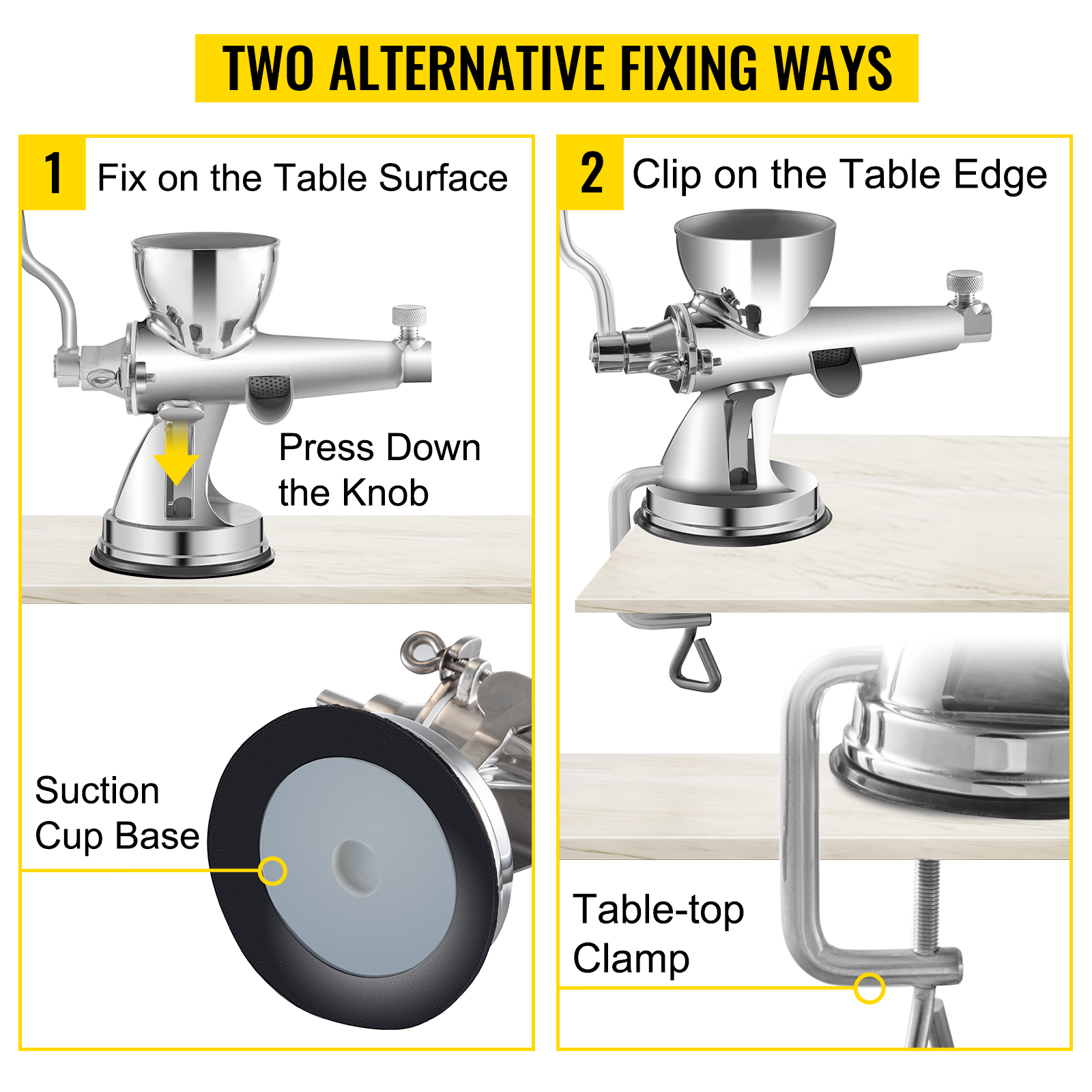 VEVOR wheatgrass juicer: two fixing options, suction cup base and table-top clamp.
