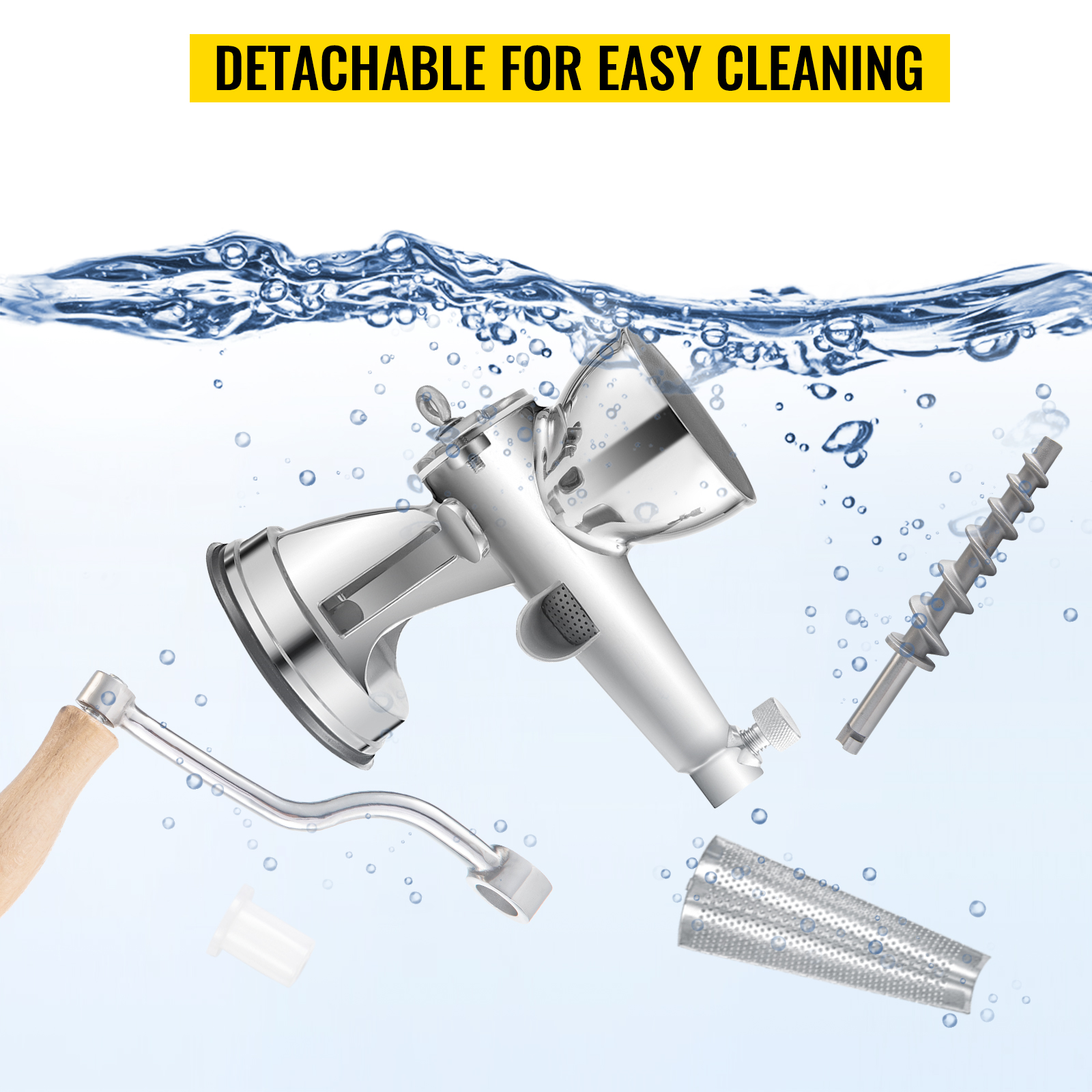 VEVOR wheatgrass juicer with detachable parts for easy cleaning submerged in water.