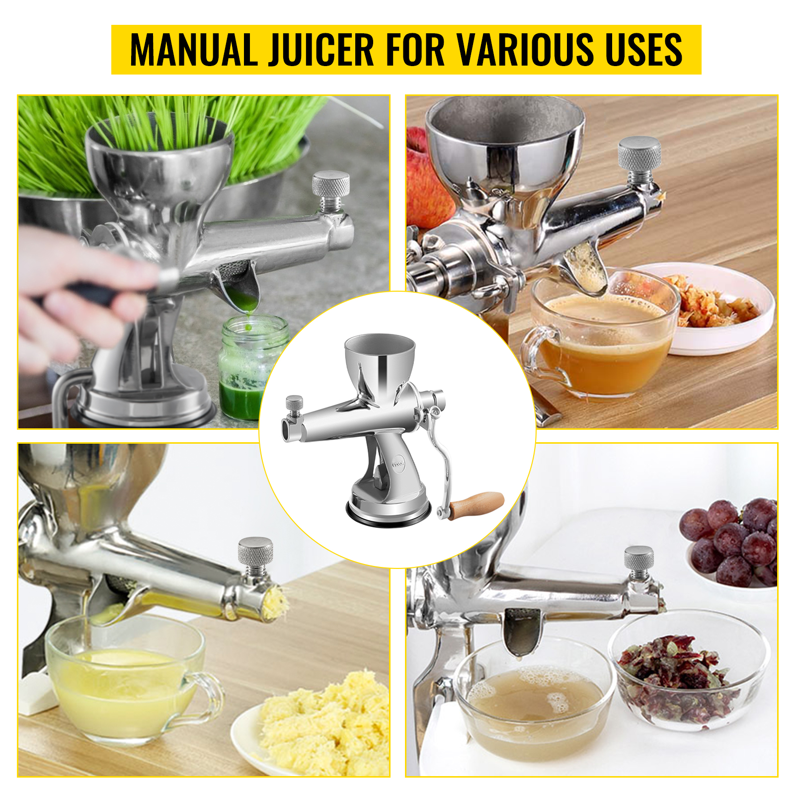 VEVOR wheatgrass juicer showcasing different uses for fresh juice extraction.