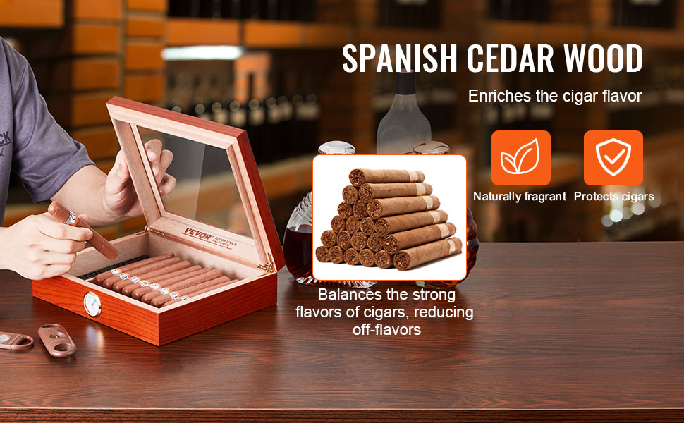 VEVOR cigar humidor with spanish cedar wood, showcasing cigars, a humidor, and informational icons.