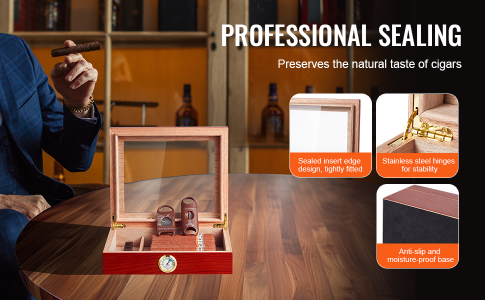 VEVOR cigar humidor with sealed edge, stainless steel hinges, and anti-slip base on a wooden table.