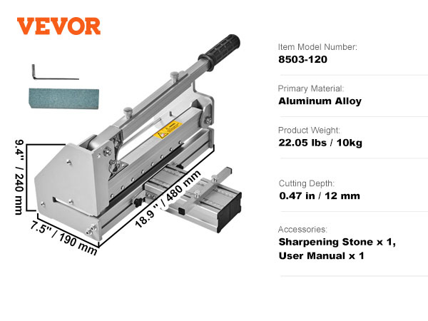 VEVOR vinyl plank cutter with d2 alloy steel blade, aluminum alloy body, dimensions, and included accessories.