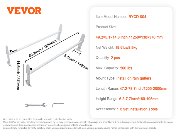 VEVOR furgona jumta kāpņu bagāžnieks, modelis bycd-004: 49,2 "x14,6", 500 kg ietilpība, uzstādīšana uz lietus notekcaurulēm.