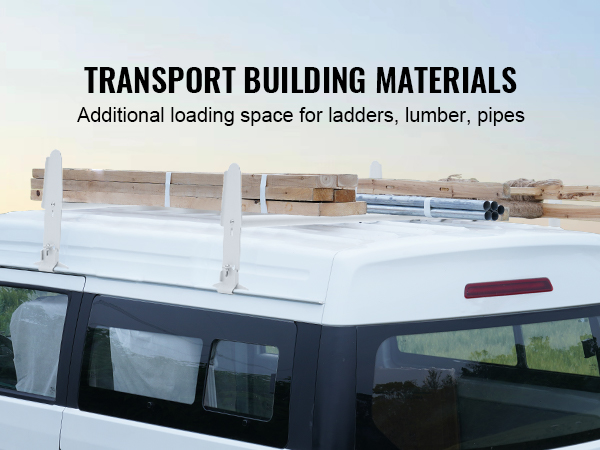 VEVOR jumta bagāžnieks zāģmateriālu un cauruļu pārvadāšanai uz balta transportlīdzekļa celtniecības transportam.