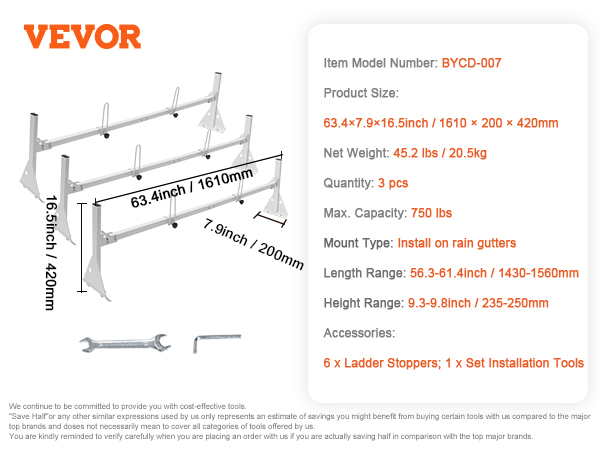 VEVOR van ladder rack with dimensions, weight, capacity, installation type, and included accessories.