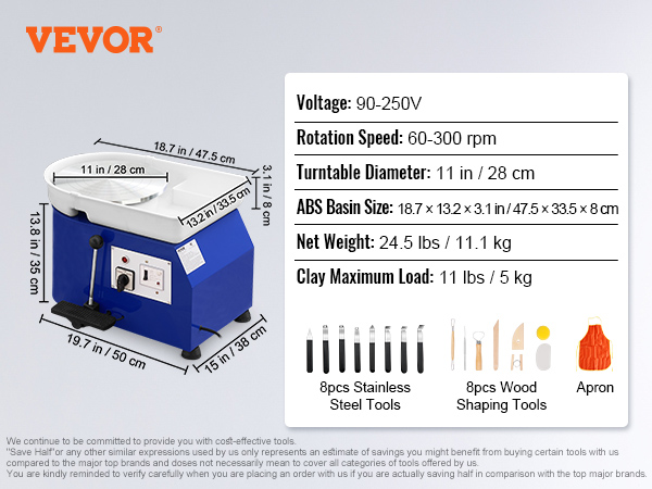 VEVOR pottery wheel measurements, voltage, rotation speed, turntable diameter, and included tools.