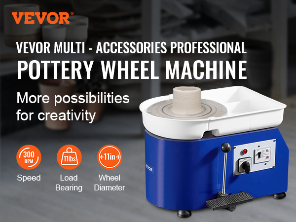 VEVOR pottery wheel machine with foot pedal control, 300 rpm speed, 11lbs load bearing, and 11in wheel.