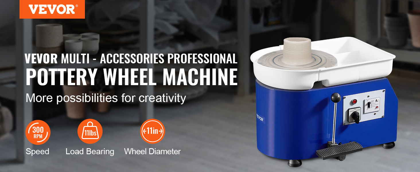 VEVOR pottery wheel machine with foot pedal control, 300 rpm speed, 11lbs load bearing, and 11in wheel.
