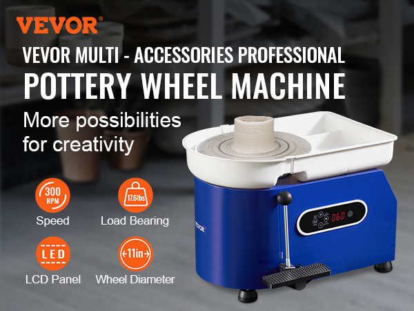 VEVOR pottery wheel 450w showcasing speed, load bearing, lcd panel, and 11-inch wheel diameter.