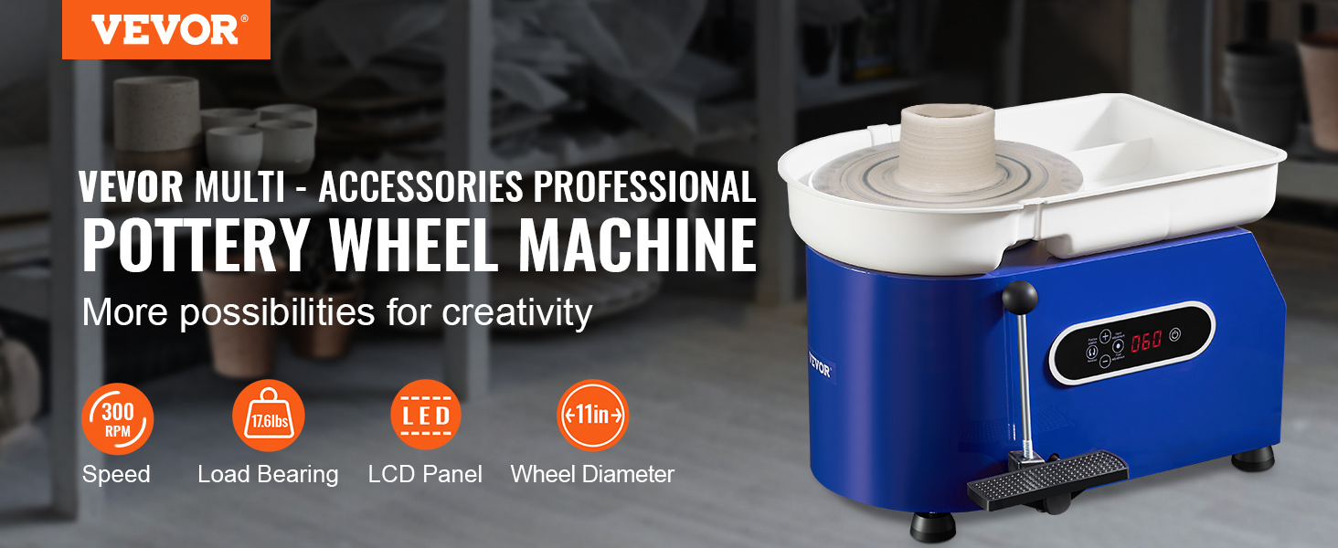 VEVOR pottery wheel 450w showcasing speed, load bearing, lcd panel, and 11-inch wheel diameter.