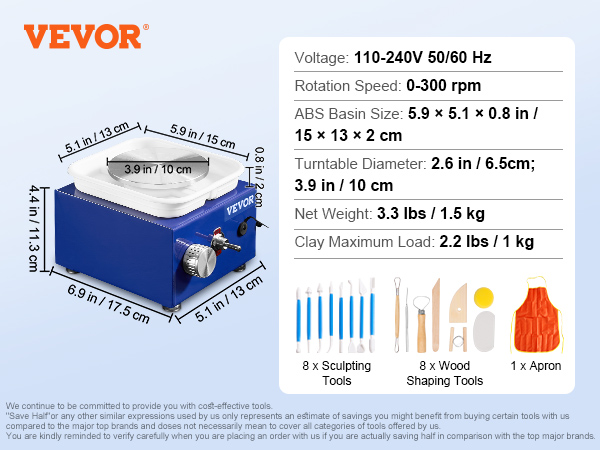 VEVOR mini pottery wheel with dimensions, speed specs, accessories, and clay load capacity detailed.