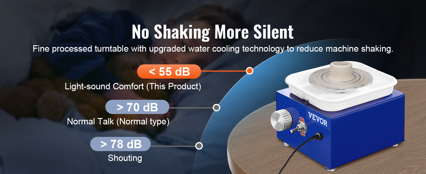 VEVOR mini pottery wheel with low noise design (<55 db) and water cooling technology for reduced shaking.
