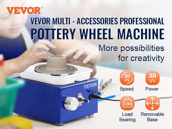VEVOR mini pottery wheel machine, 300 rpm, 2.2 lbs load, 30w, creating pottery in a workspace.