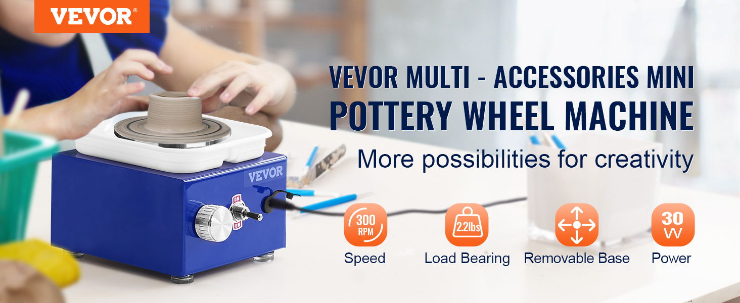 VEVOR mini pottery wheel machine, 300 rpm, 2.2 lbs load, 30w, creating pottery in a workspace.
