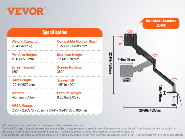 VEVOR monitor mount with 26.4 lbs capacity, 13"-35" compatible size, 360° rotation, and -45° to +90° tilt.