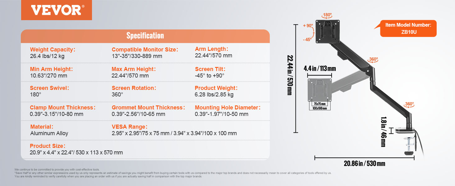 VEVOR monitor mount with 26.4 lbs capacity, 13"-35" compatible size, 360° rotation, and -45° to +90° tilt.