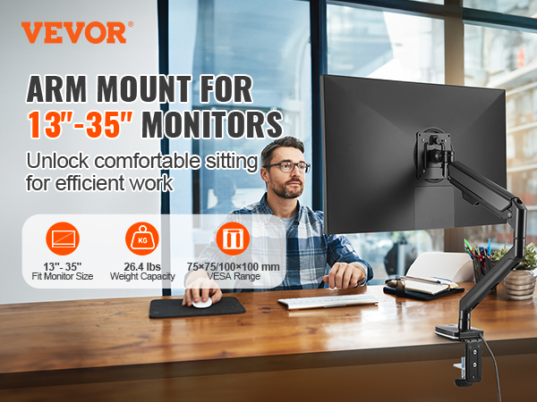 VEVOR monitor mount for 13"-35" screens, supporting 26.4 lbs with 75x75/100x100 mm vesa range, ideal for workspace.