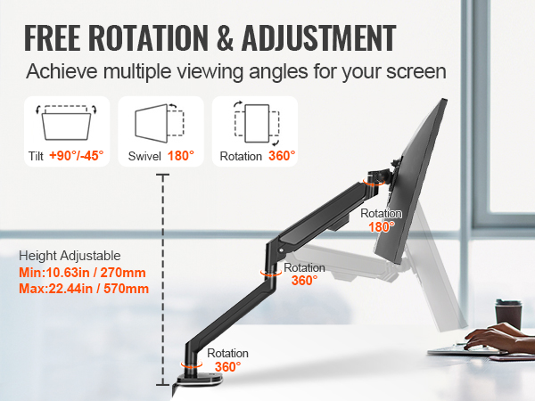 VEVOR monitor mount with adjustable height, 360° rotation, 180° swivel, and ±90° tilt for optimal viewing.