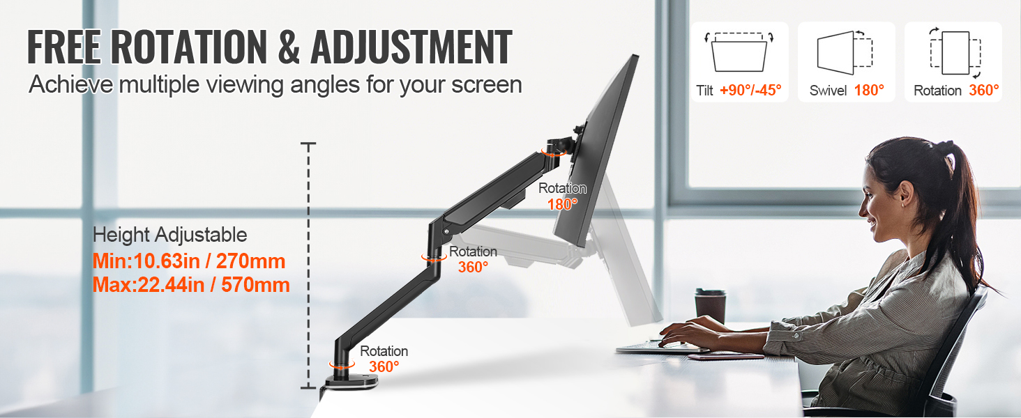 VEVOR monitor mount with adjustable height, 360° rotation, 180° swivel, and ±90° tilt for optimal viewing.