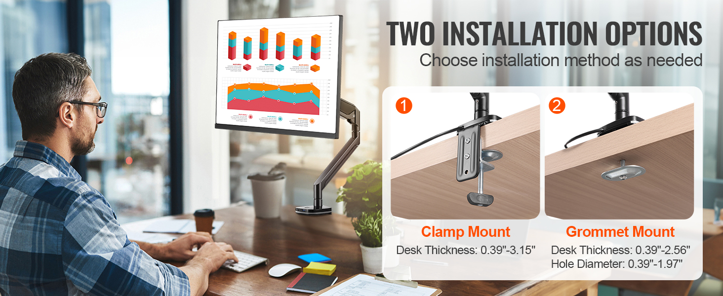 man working at desk with VEVOR monitor mount, showcasing clamp and grommet installation options.