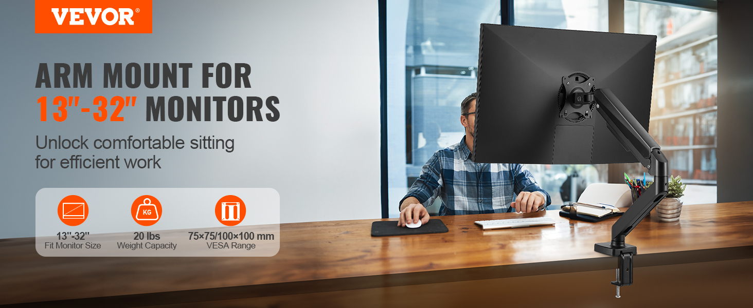VEVOR monitor mount arm for 13"-32" monitors, enhancing ergonomic sitting for efficient work.