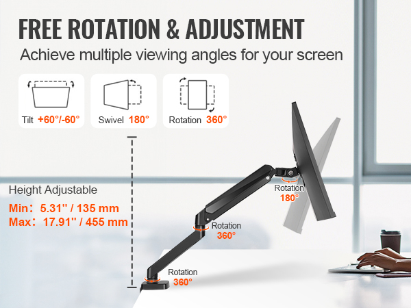 VEVOR monitor mount: adjustable height up to 17.91", 360° rotation, tilt +60°/-60°, and 180° swivel.
