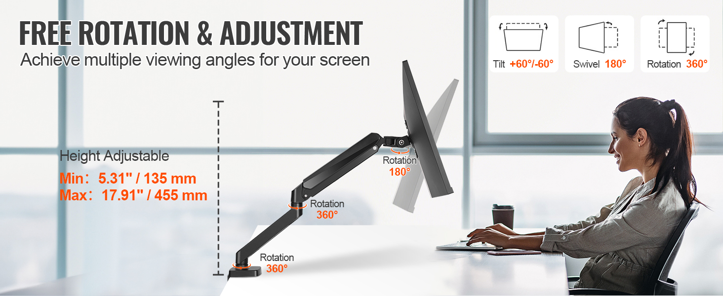 VEVOR monitor mount: adjustable height up to 17.91", 360° rotation, tilt +60°/-60°, and 180° swivel.