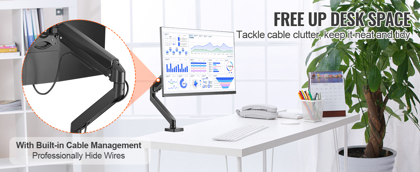 VEVOR monitor mount with built-in cable management on a tidy white desk in a modern office setting.