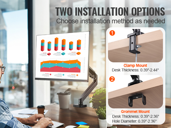 VEVOR monitor mount with two installation options: clamp mount and grommet mount for versatile setup.
