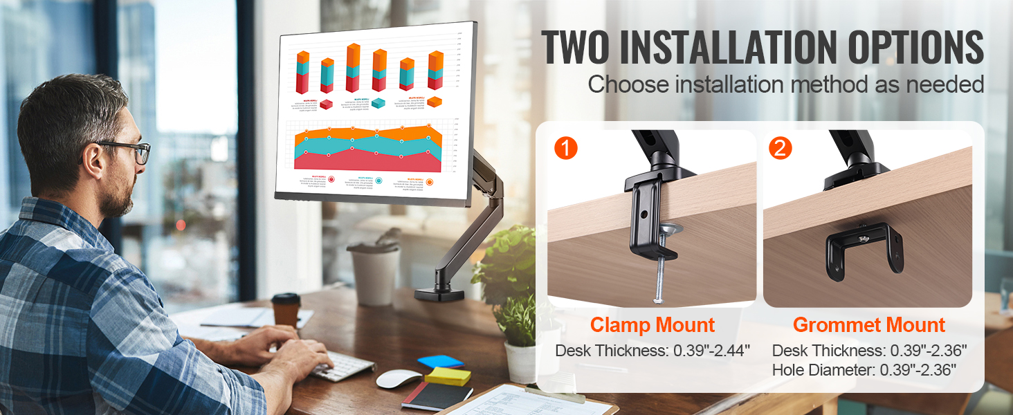 VEVOR monitor mount with two installation options: clamp mount and grommet mount for versatile setup.