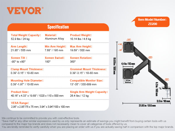 VEVOR dual monitor stand, adjustable arms, screen tilt, swivel, rotation, compatible with 13-35" monitors.
