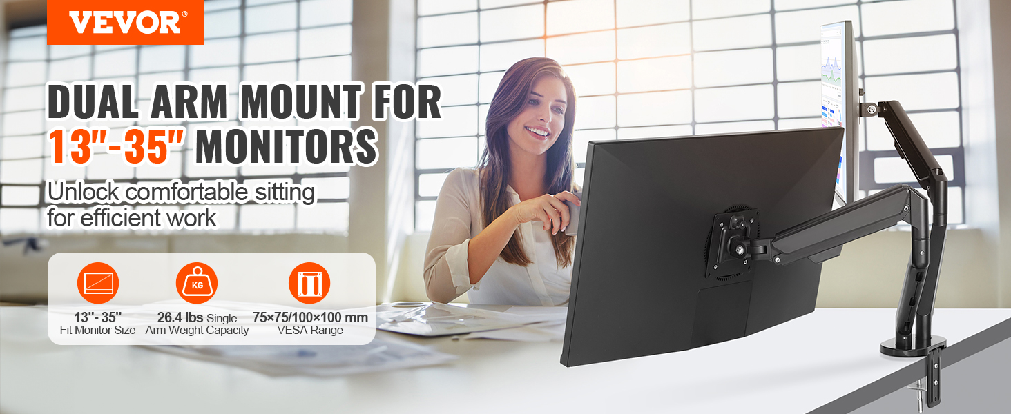 VEVOR dual monitor stand with dual arm mount for 13"-35" monitors, ideal for efficient work setups.