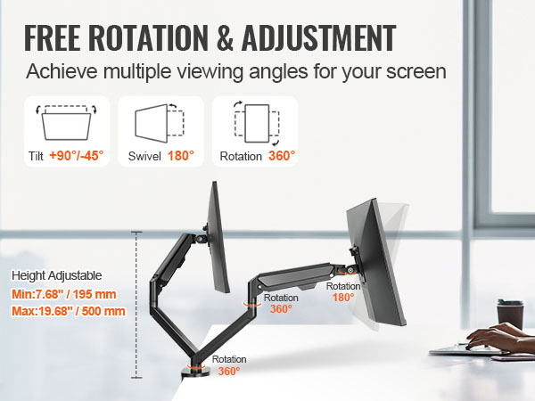 VEVOR dual monitor stand with adjustable height, tilt, swivel, and 360° rotation for optimal viewing.
