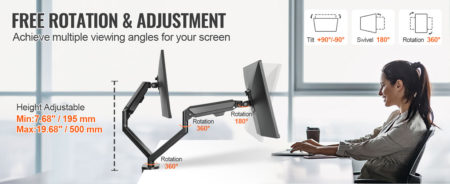 VEVOR dual monitor stand with adjustable height, tilt, swivel, and 360° rotation for optimal viewing.