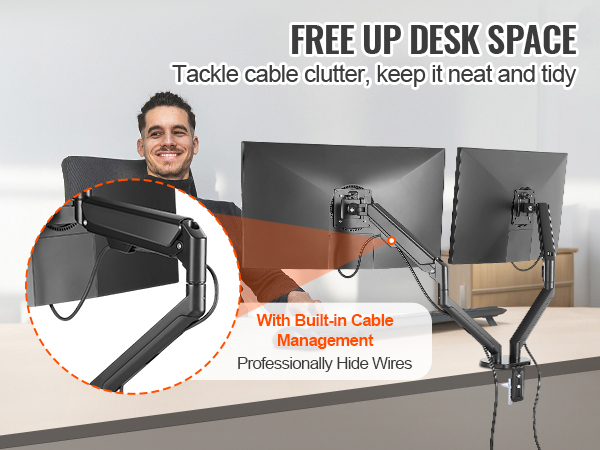 VEVOR dual monitor stand with built-in cable management to free up desk space and keep wires hidden.