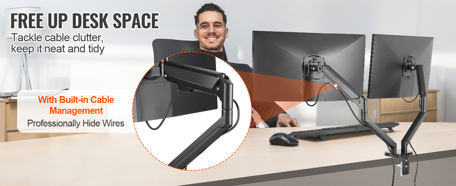 VEVOR dual monitor stand with built-in cable management to free up desk space and keep wires hidden.