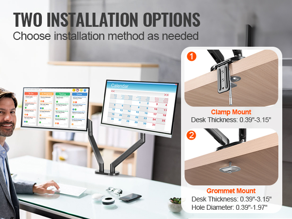VEVOR dual monitor stand in office with clamp and grommet mount options displayed. calendar on screens.