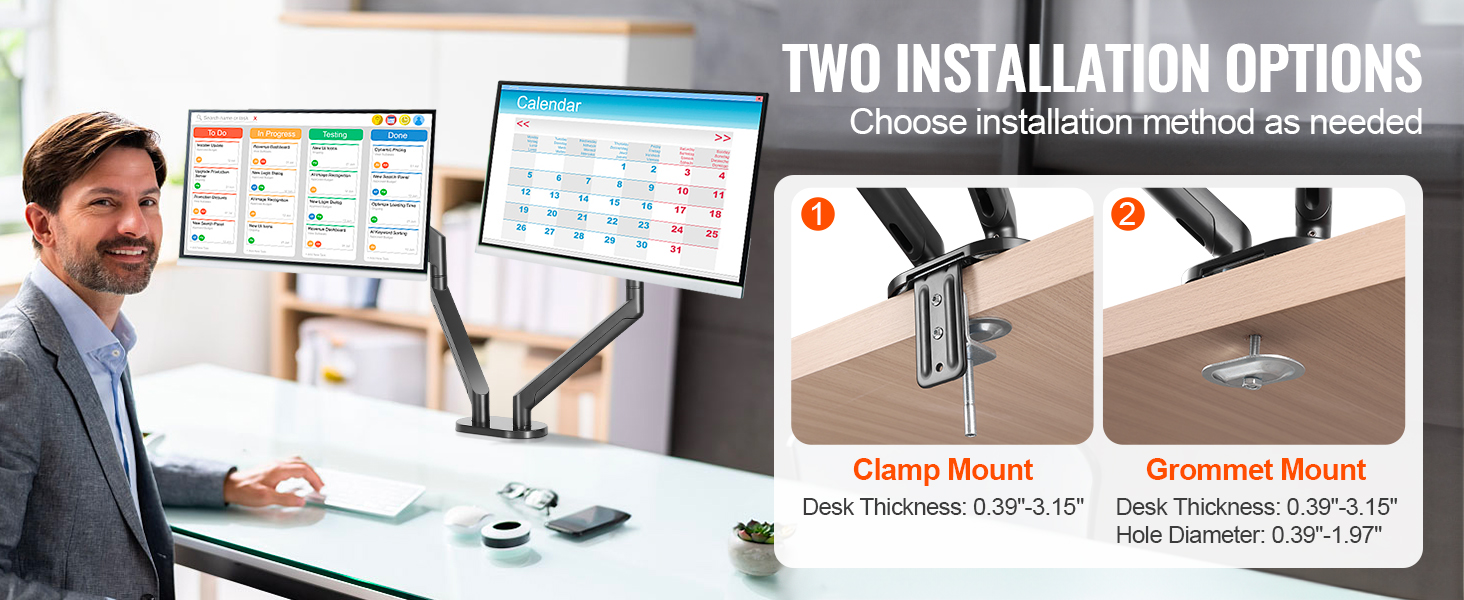 VEVOR dual monitor stand in office with clamp and grommet mount options displayed. calendar on screens.