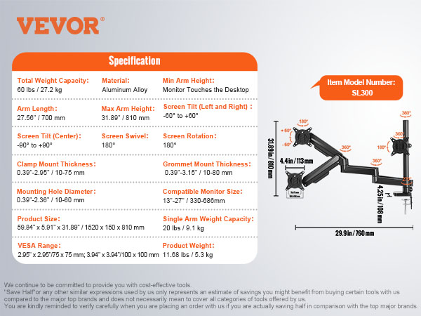 VEVOR triple monitor mount specs: 60 lbs weight capacity, 27.56" arm, 13"-27" monitor fit, 180° swivel.