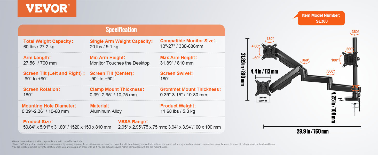 VEVOR triple monitor mount specs: 60 lbs weight capacity, 27.56" arm, 13"-27" monitor fit, 180° swivel.
