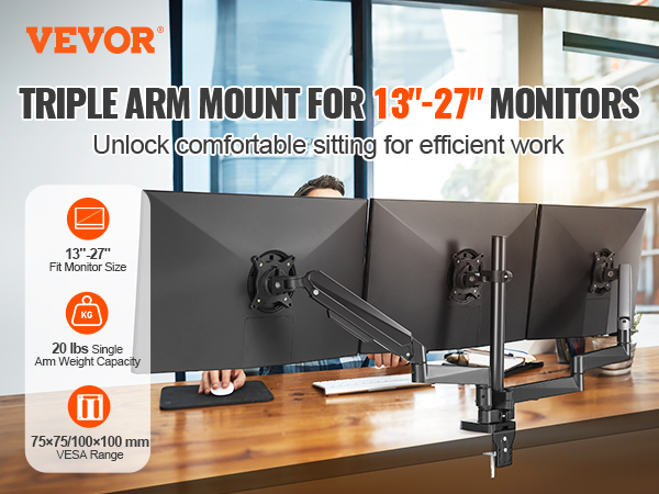 VEVOR triple monitor mount for 13"-27" monitors, enhancing efficient work with adjustable arms.