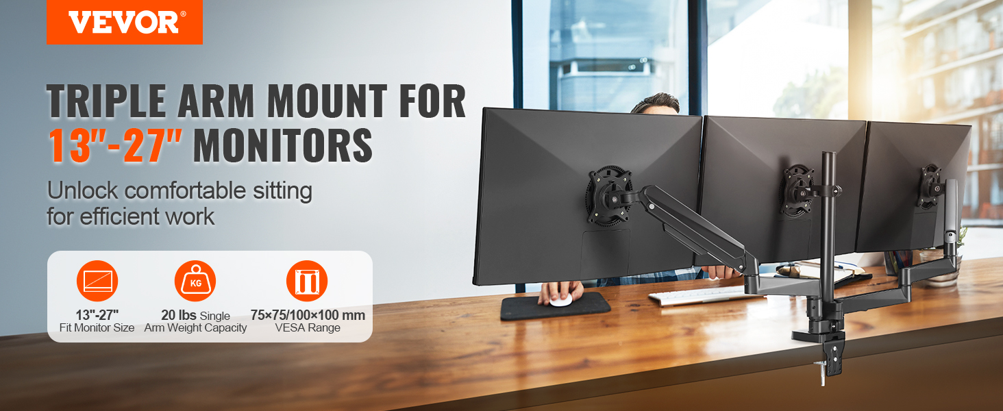 VEVOR triple monitor mount for 13"-27" monitors, enhancing efficient work with adjustable arms.