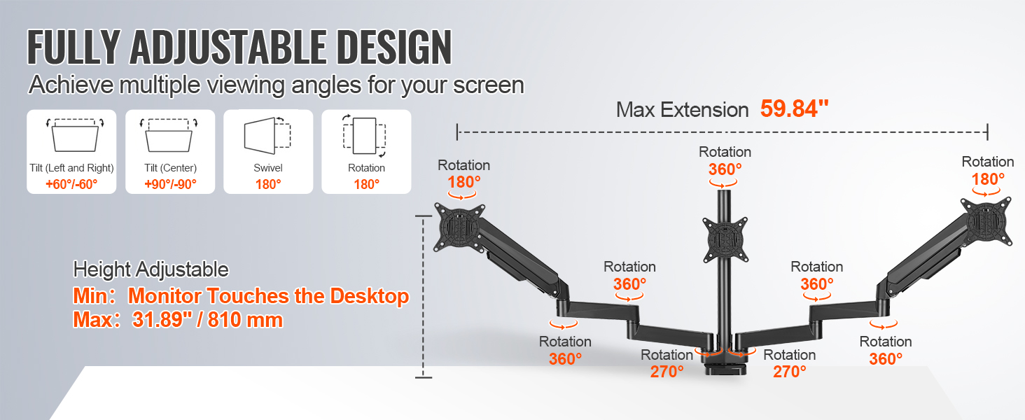 VEVOR triple monitor mount with 360° rotation, 180° swivel, adjustable height, and 59.84" extension.