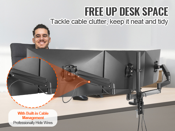 VEVOR triple monitor mount with built-in cable management, keeps desk space neat and tidy.